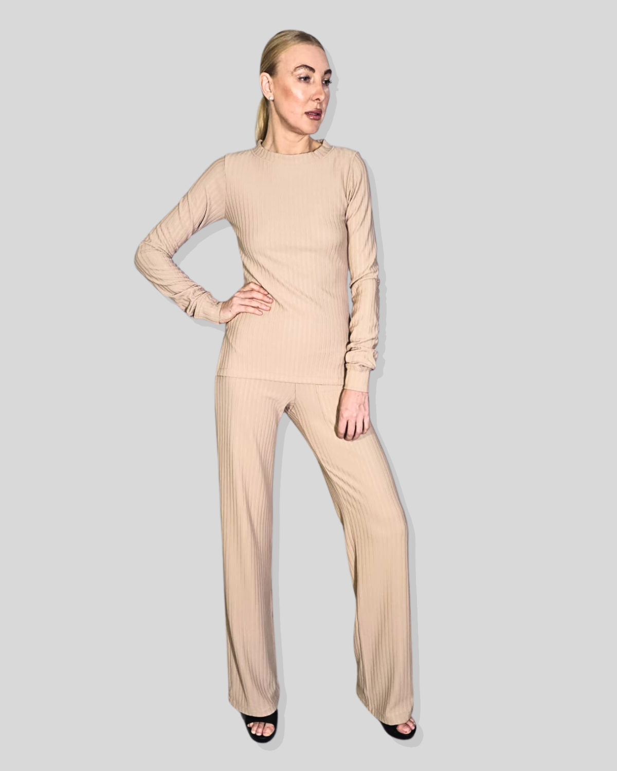 Delia Beige Tall Ribbed Knit Pant Set