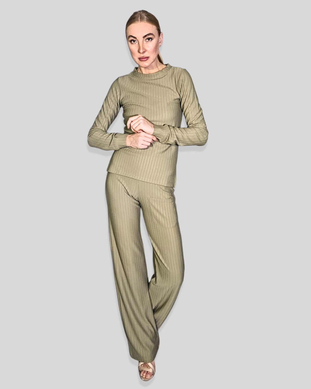 Delia Olive Green Tall Ribbed Knit Pant Set